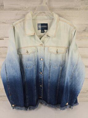 Vintage Avenue Blues Ombre Dip Dye Denim Jacket PLUS Size 30/32 Frayed Raw Hem..